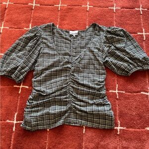 Ganni Black & White Plaid Ruched V-Neck Puff Sleeve Top